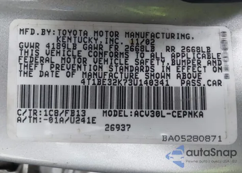 2003 Toyota Camry Le z USA, uszkodzony, nr VIN 4T1BE32K73U140341